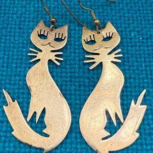 Taxco Mexico large solid sterling silver cat dangle earrings